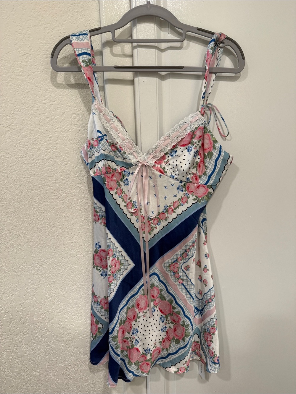 For Love & Lemons Pink and Blue Floral Scarf-Print Mini Dress